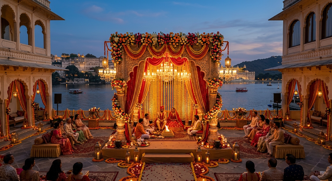 After Transformation: Opulent Royal Wedding Mandap & Palatial Decor Setup at Lake Palace Udaipur